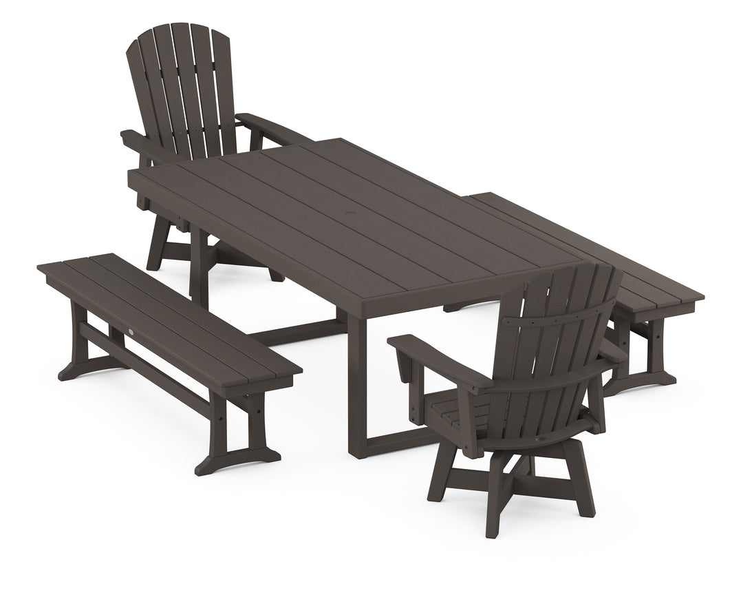 POLYWOOD® Nautical Curveback Adirondack Swivel Chair 5-Piece Dining Set with Benches