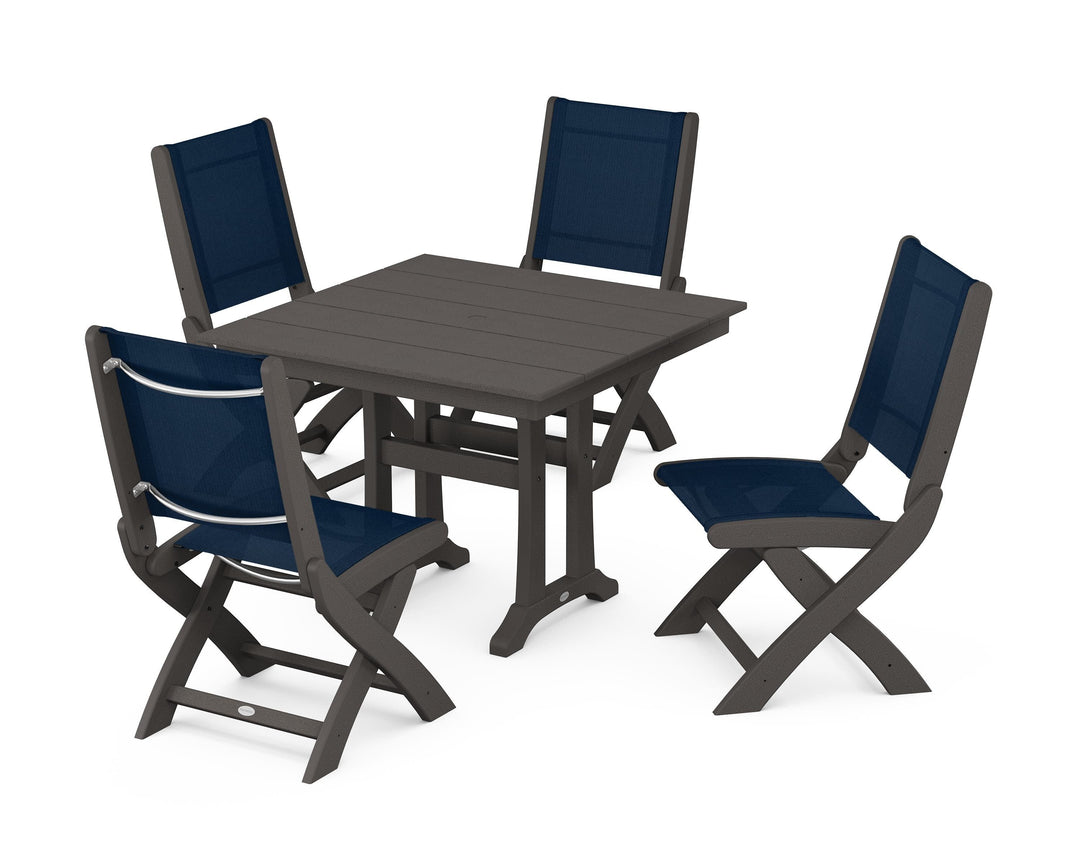 POLYWOOD® Coastal Folding Side Chair 5-Piece Farmhouse Dining Set With Trestle Legs