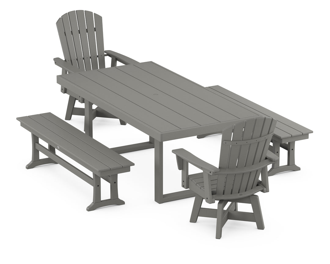 POLYWOOD® Nautical Curveback Adirondack Swivel Chair 5-Piece Dining Set with Benches
