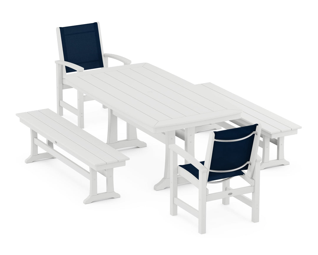POLYWOOD® Coastal 5-Piece Dining Set with Trestle Legs and Benches