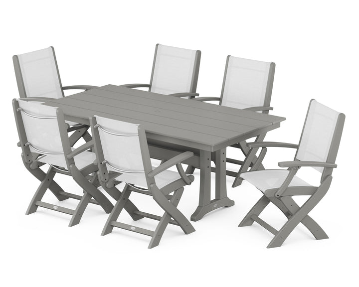 POLYWOOD® Coastal Folding Arm Chair 7-Piece Farmhouse Dining Set with Trestle Legs