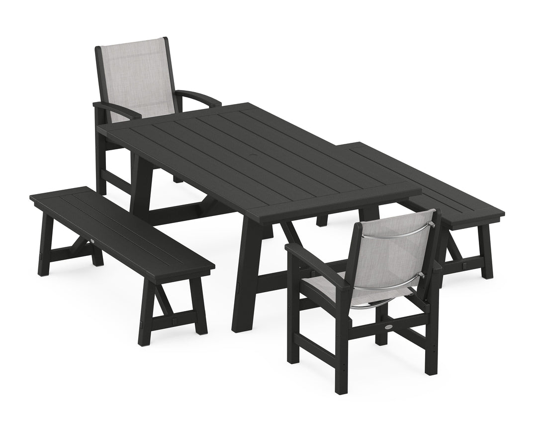 POLYWOOD® Coastal 5-Piece Rustic Farmhouse Dining Set With Benches