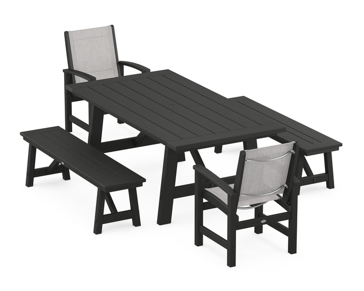 POLYWOOD® Coastal 5-Piece Rustic Farmhouse Dining Set With Benches