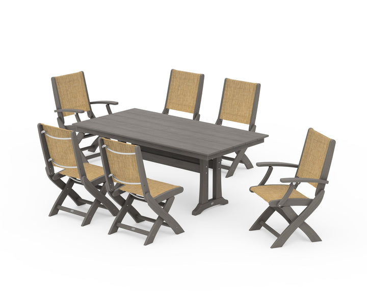 POLYWOOD® Coastal Folding Chair 7-Piece Farmhouse Dining Set with Trestle Legs