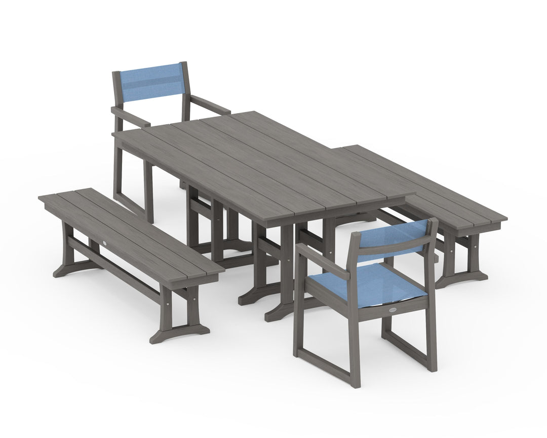 POLYWOOD® EDGE Sling Arm Chair 5-Piece Farmhouse Dining Set with Benches