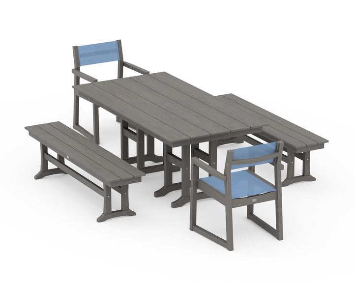 POLYWOOD® EDGE Sling Arm Chair 5-Piece Farmhouse Dining Set with Benches