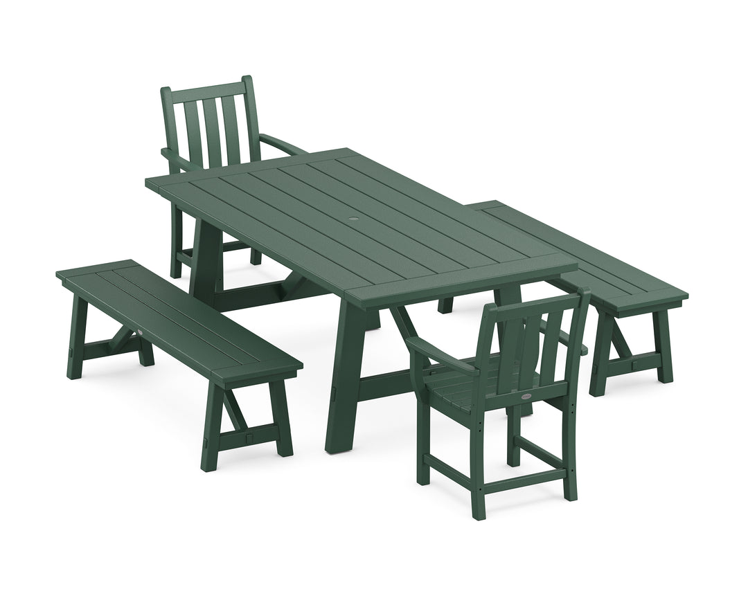 POLYWOOD® Traditional Garden 5-Piece Rustic Farmhouse Dining Set With Benches