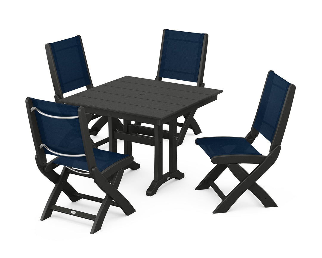 POLYWOOD® Coastal Folding Side Chair 5-Piece Farmhouse Dining Set With Trestle Legs