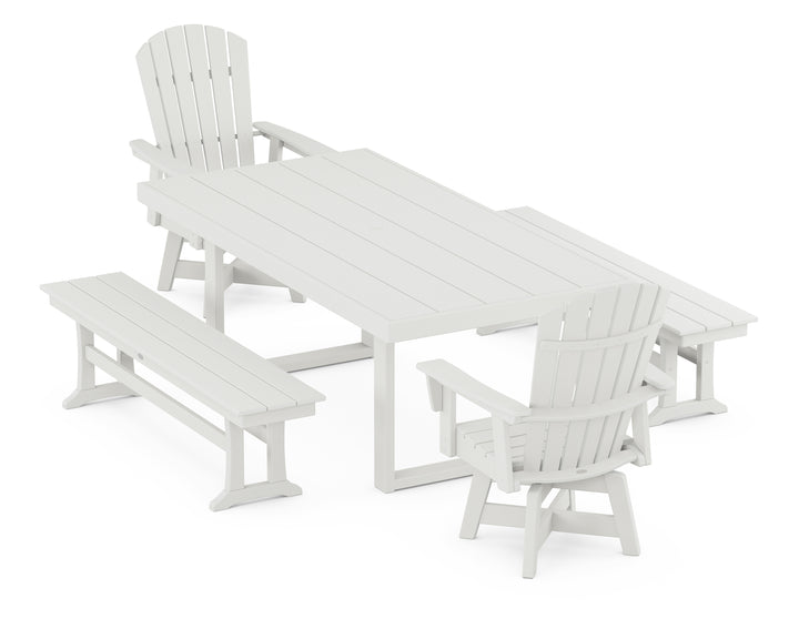 POLYWOOD® Nautical Curveback Adirondack Swivel Chair 5-Piece Dining Set with Benches