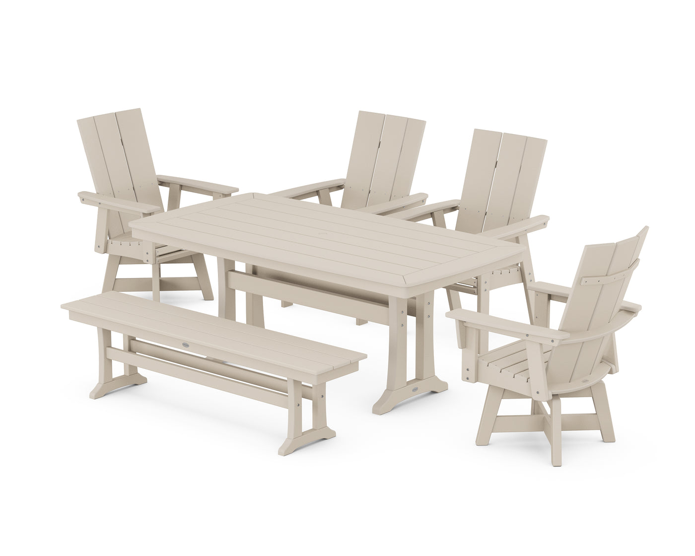 Modern Curveback Adirondack Swivel Chair 6-Piece Dining Set with Trestle Legs and Bench