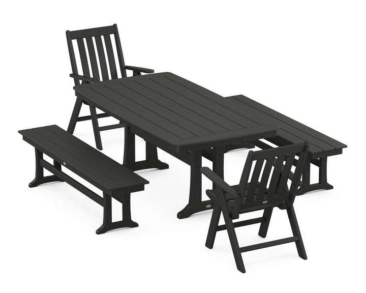 POLYWOOD® Vineyard Folding Chair 5-Piece Dining Set with Trestle Legs and Benches