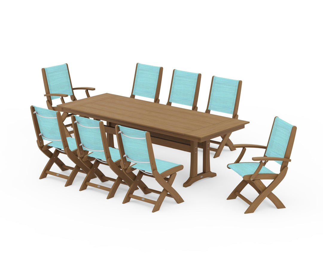 POLYWOOD® Coastal 9-Piece Folding Dining Chair Farmhouse Dining Set with Trestle Legs