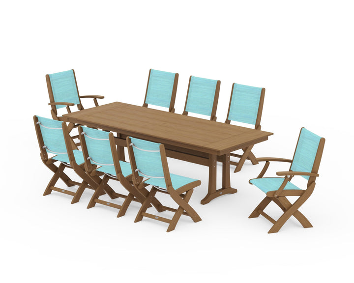POLYWOOD® Coastal 9-Piece Folding Dining Chair Farmhouse Dining Set with Trestle Legs