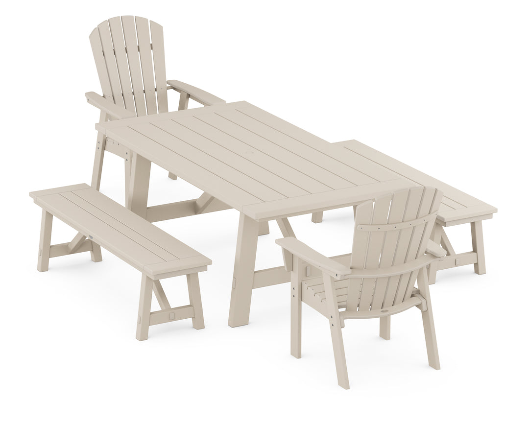 POLYWOOD® Nautical Curveback Adirondack 5-Piece Rustic Farmhouse Dining Set With Benches