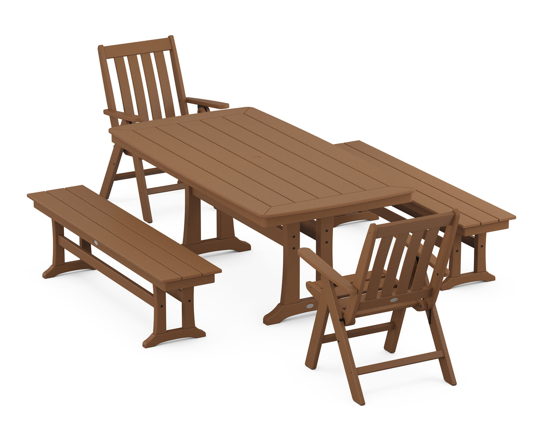 POLYWOOD® Vineyard Folding Chair 5-Piece Dining Set with Trestle Legs and Benches