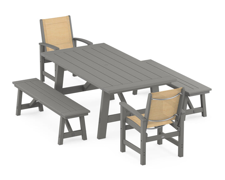 POLYWOOD® Coastal 5-Piece Rustic Farmhouse Dining Set With Benches