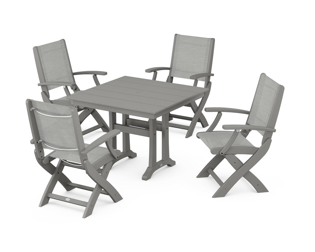 POLYWOOD® Coastal Folding Chair 5-Piece Farmhouse Dining Set With Trestle Legs