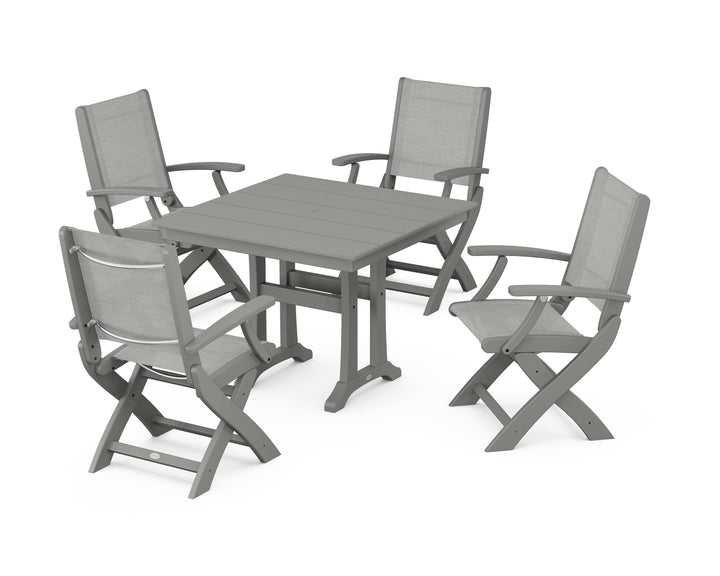POLYWOOD® Coastal Folding Chair 5-Piece Farmhouse Dining Set With Trestle Legs