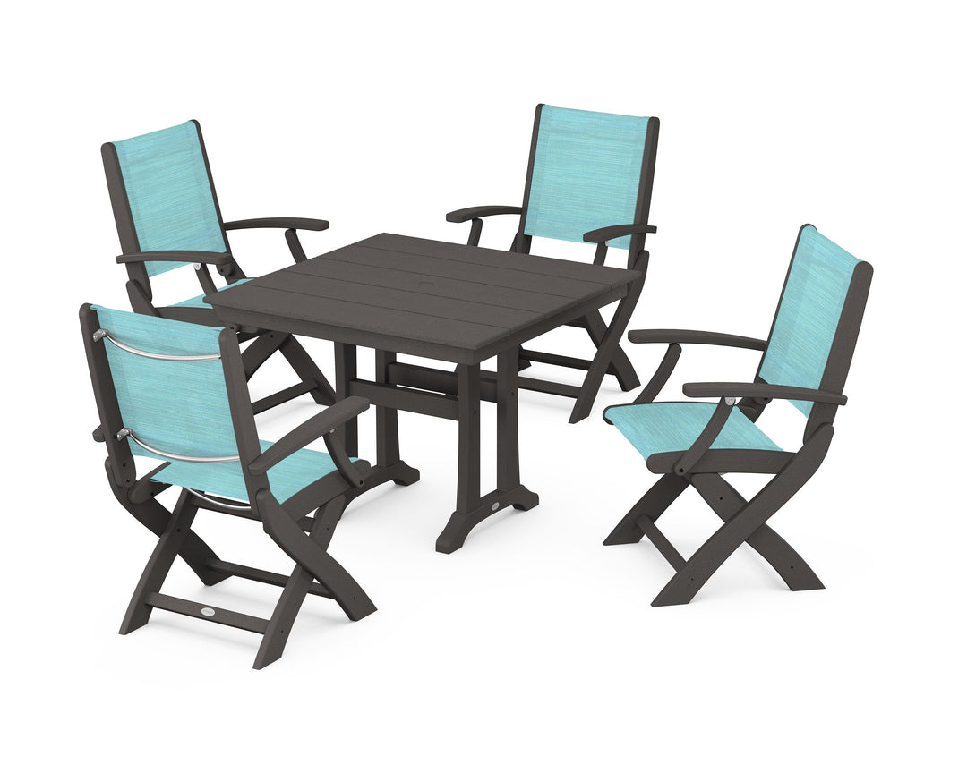 POLYWOOD® Coastal Folding Chair 5-Piece Farmhouse Dining Set With Trestle Legs