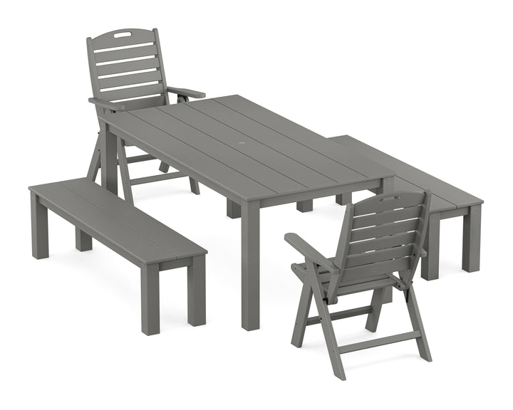 POLYWOOD® Nautical Folding Highback Chair 5-Piece Parsons Dining Set with Benches