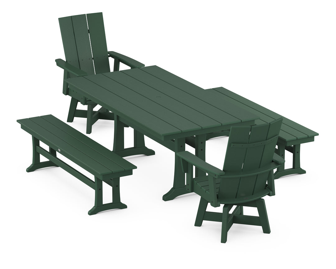 POLYWOOD® Modern Curveback Adirondack Swivel Chair 5-Piece Farmhouse Dining Set With Trestle Legs and Benches