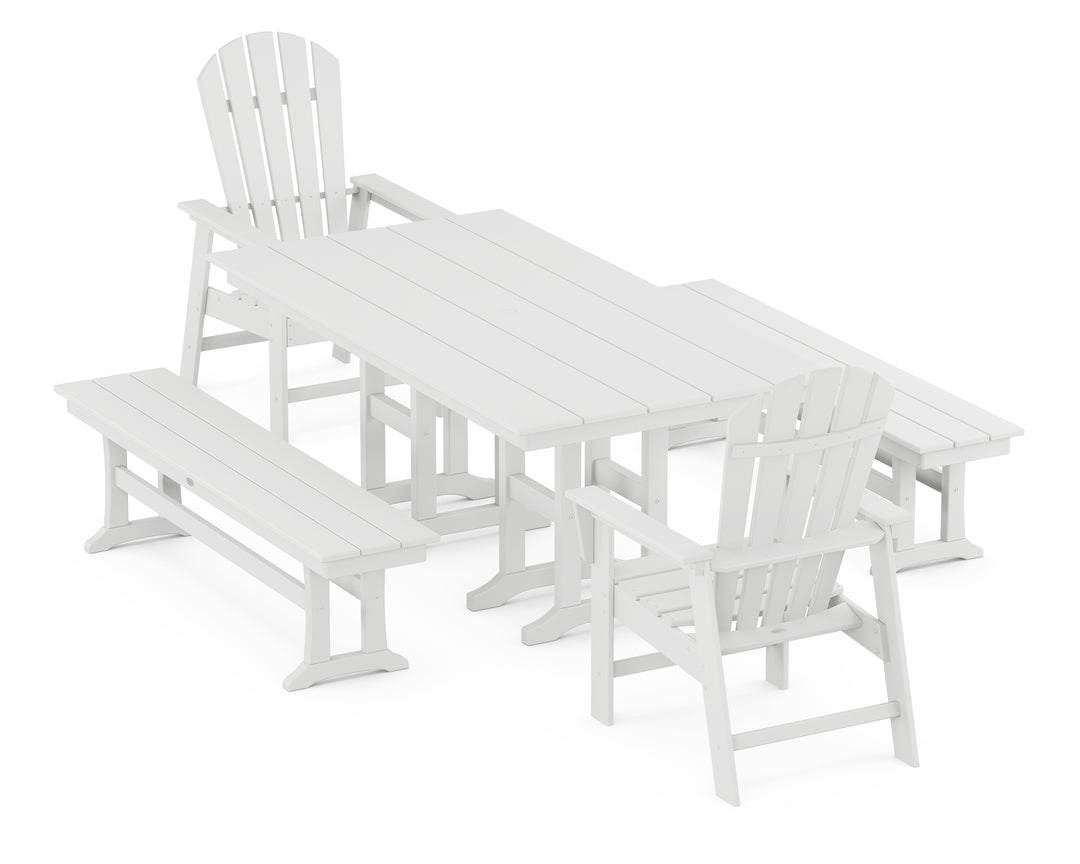POLYWOOD® South Beach 5-Piece Farmhouse Dining Set with Benches