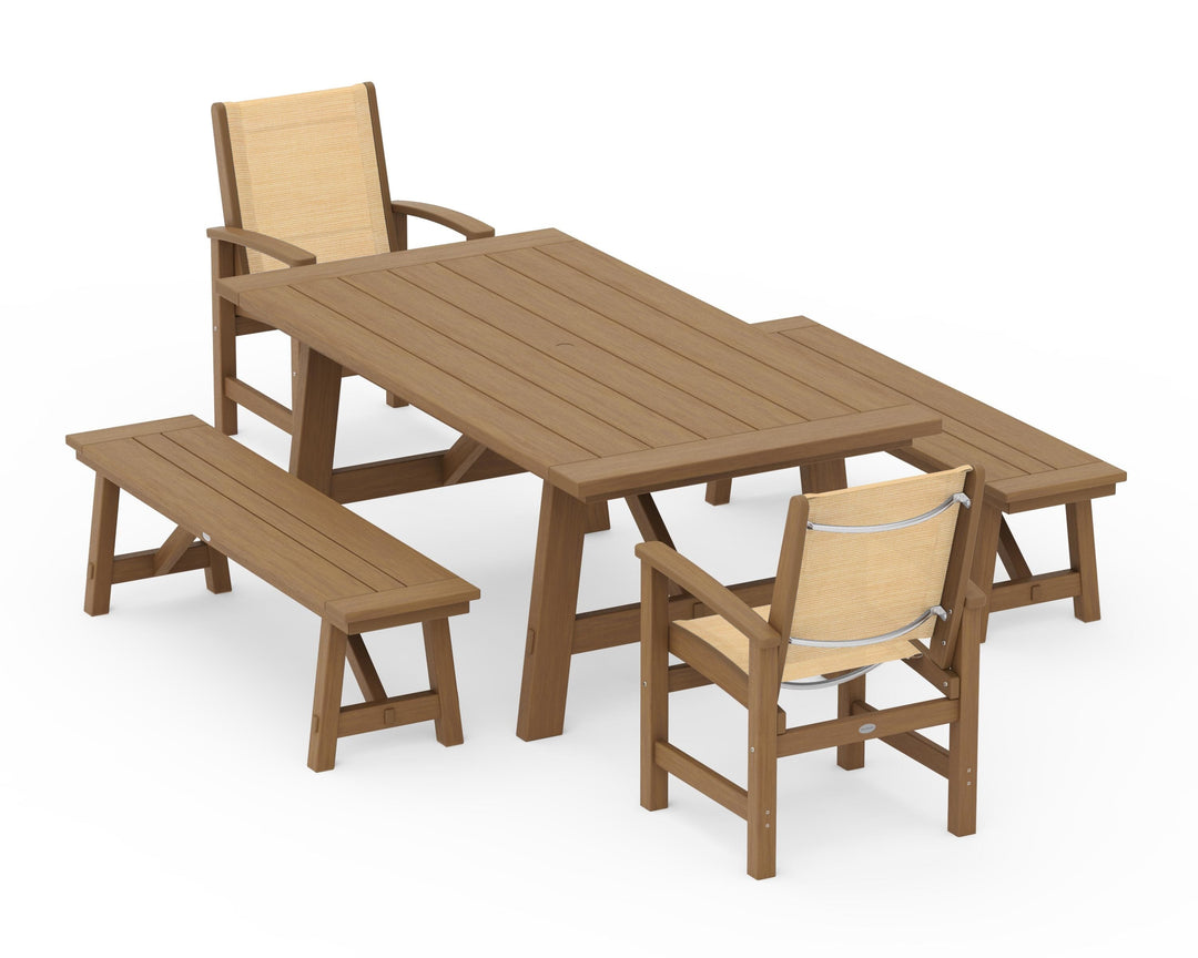 POLYWOOD® Coastal 5-Piece Rustic Farmhouse Dining Set With Benches