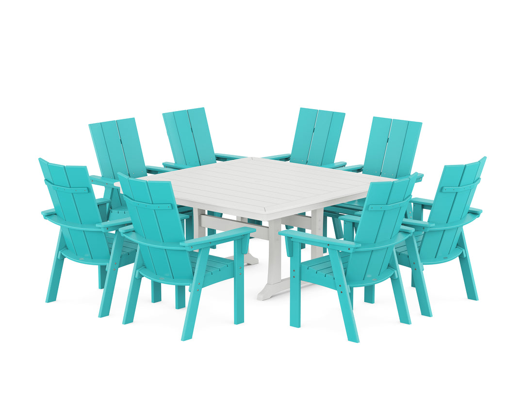 POLYWOOD® Modern Curveback Adirondack 9-Piece Square Dining Set with Trestle Legs