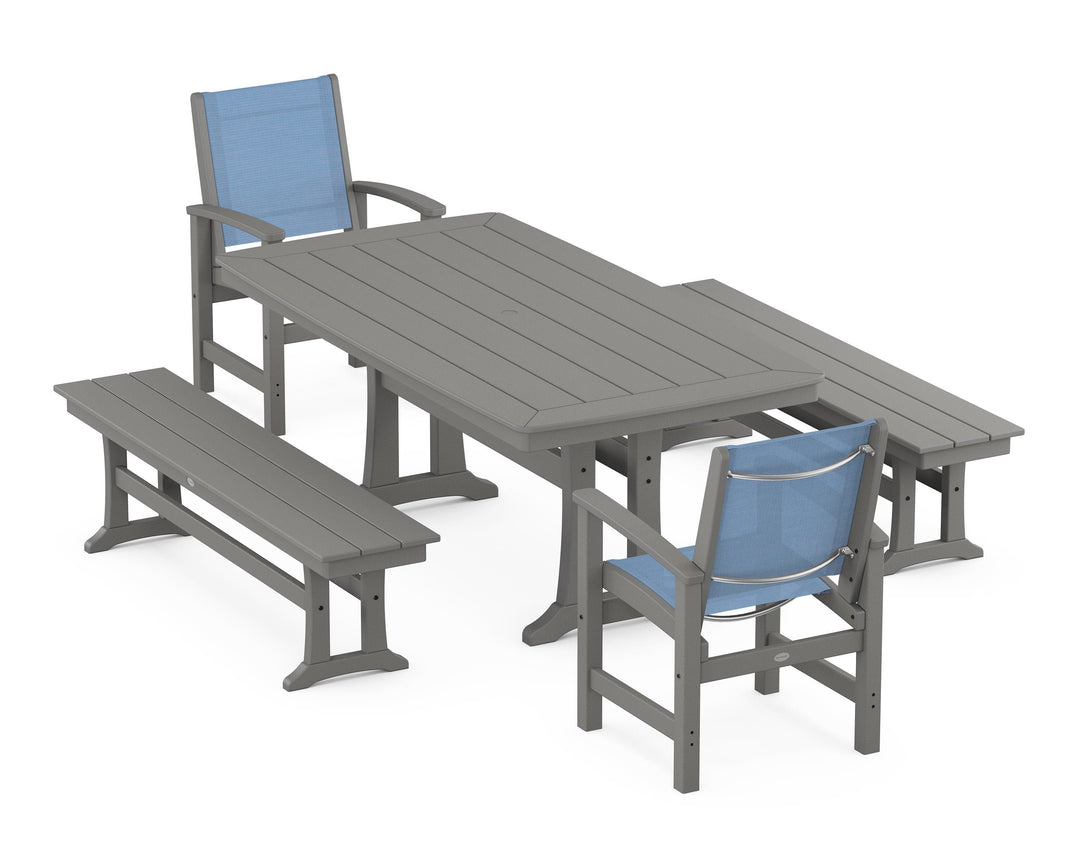 POLYWOOD® Coastal 5-Piece Dining Set with Trestle Legs and Benches