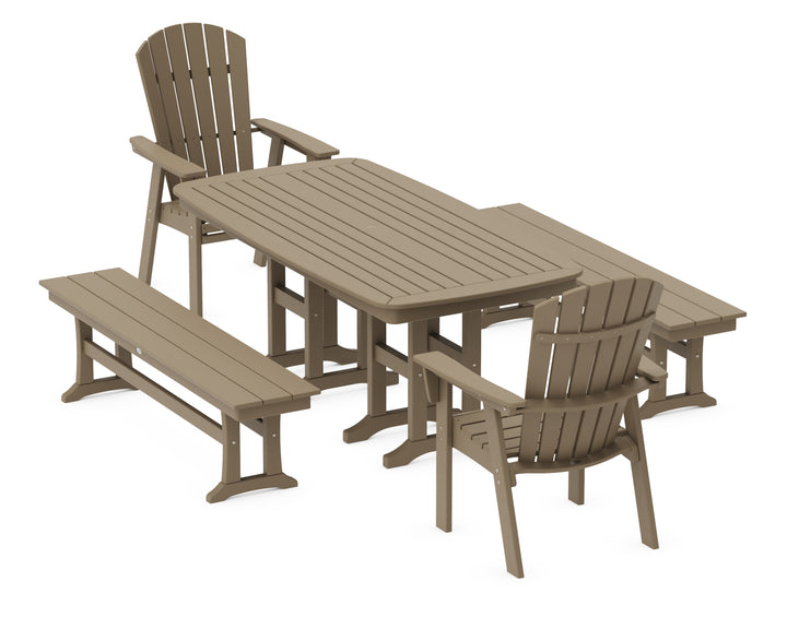 POLYWOOD® Nautical Curveback Adirondack 5-Piece Dining Set with Benches