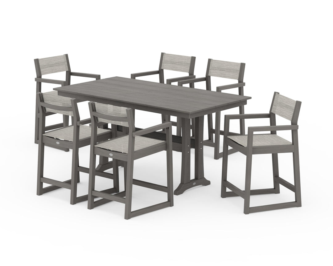 POLYWOOD® EDGE Sling Arm Chair 7-Piece Farmhouse Counter Set with Trestle Legs