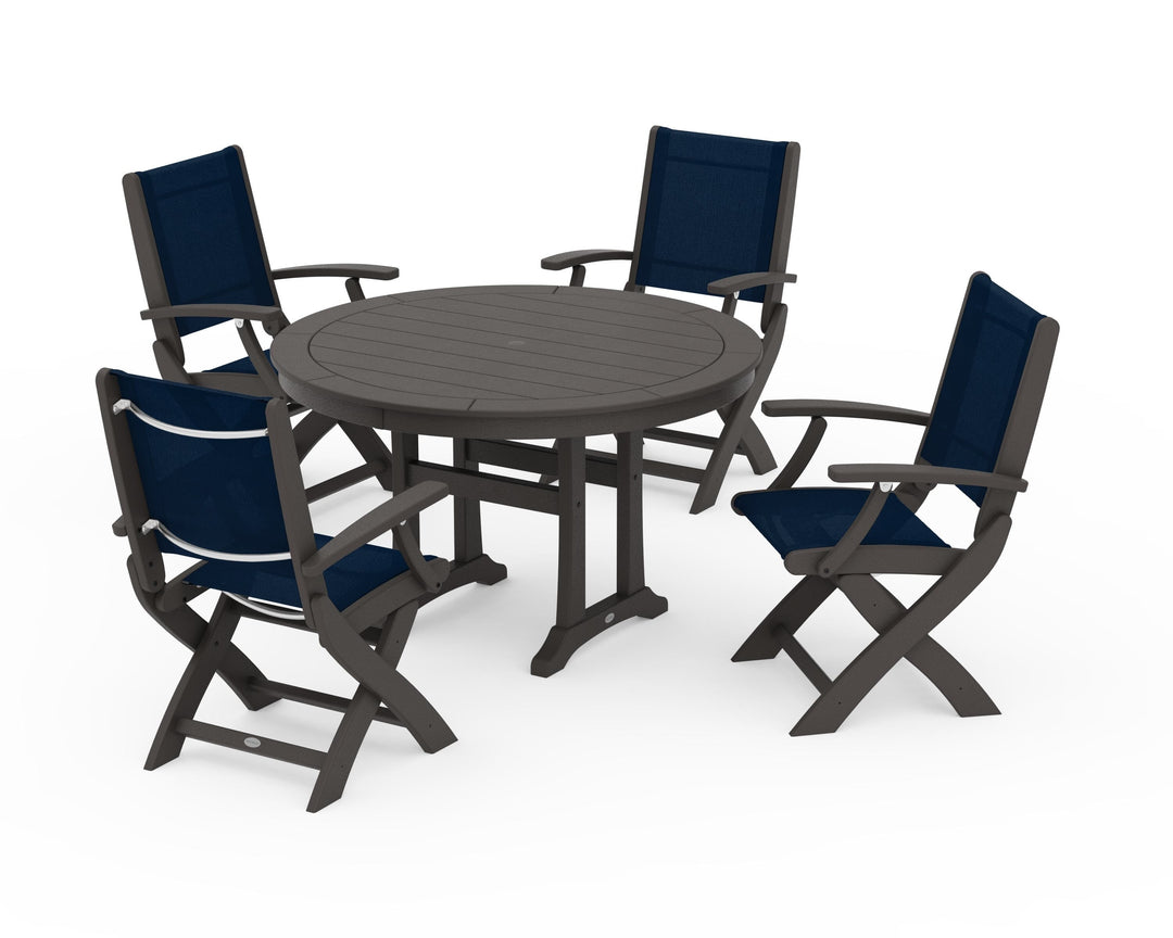 POLYWOOD® Coastal Folding Chair 5-Piece Round Dining Set with Trestle Legs
