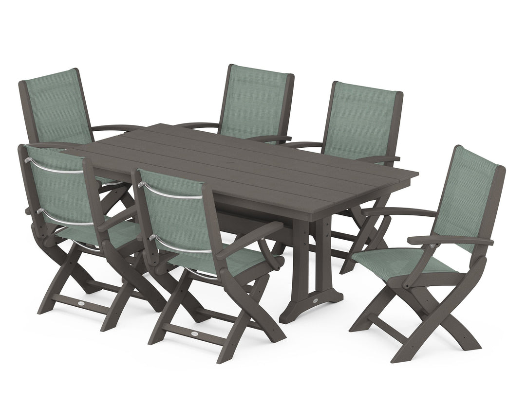 POLYWOOD® Coastal Folding Arm Chair 7-Piece Farmhouse Dining Set with Trestle Legs