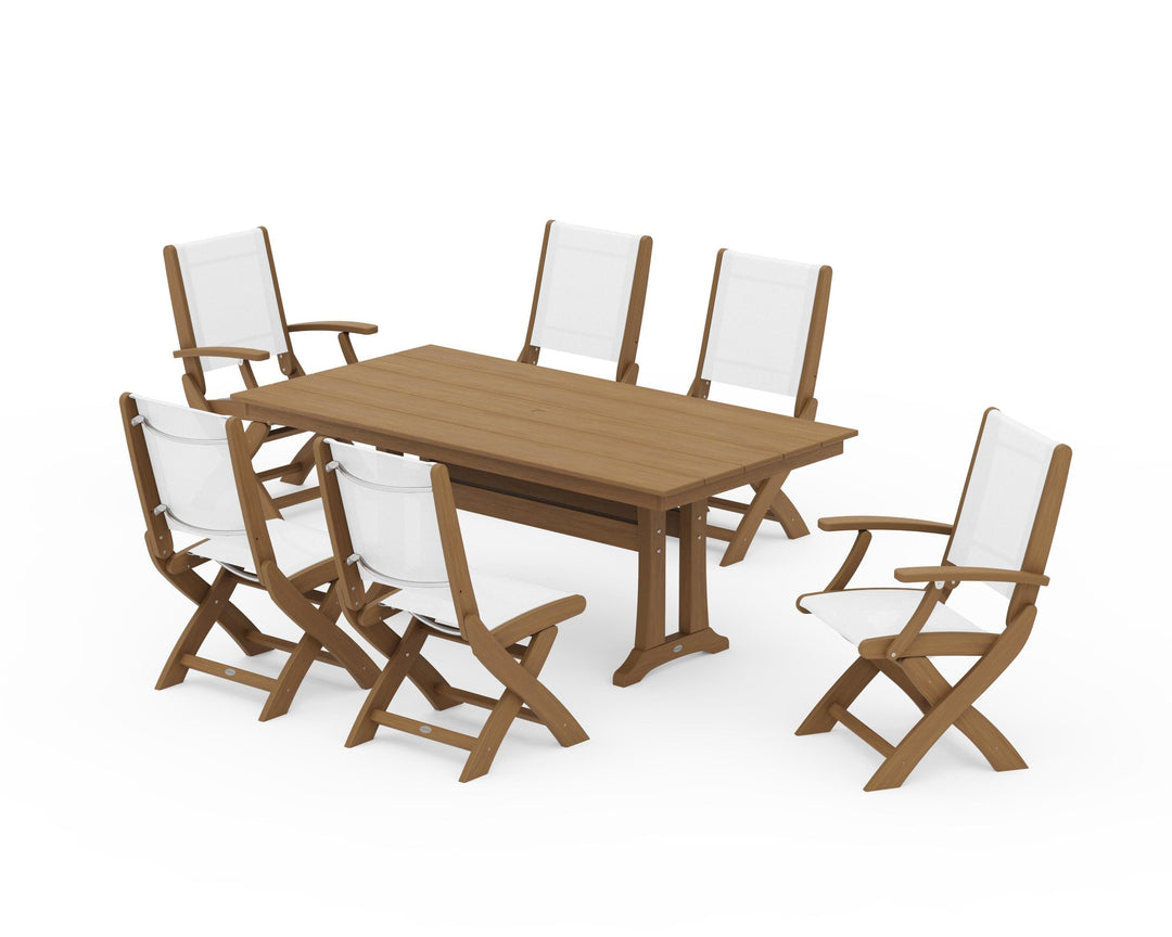 POLYWOOD® Coastal Folding Chair 7-Piece Farmhouse Dining Set with Trestle Legs