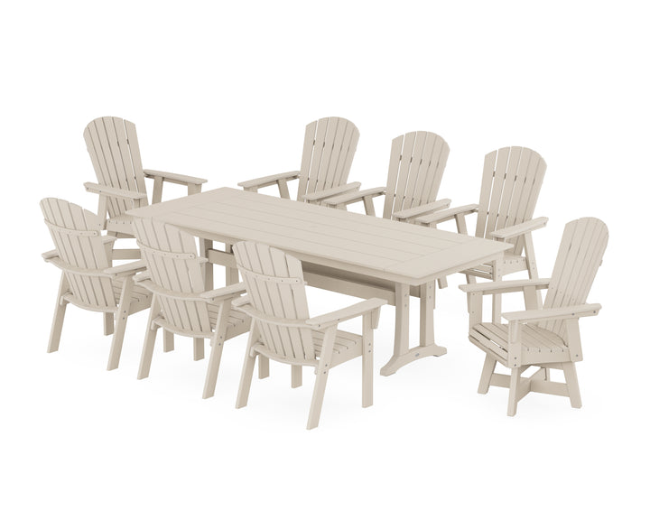 POLYWOOD® Nautical Curveback Adirondack Swivel 9-Piece Farmhouse Dining Set with Trestle Legs