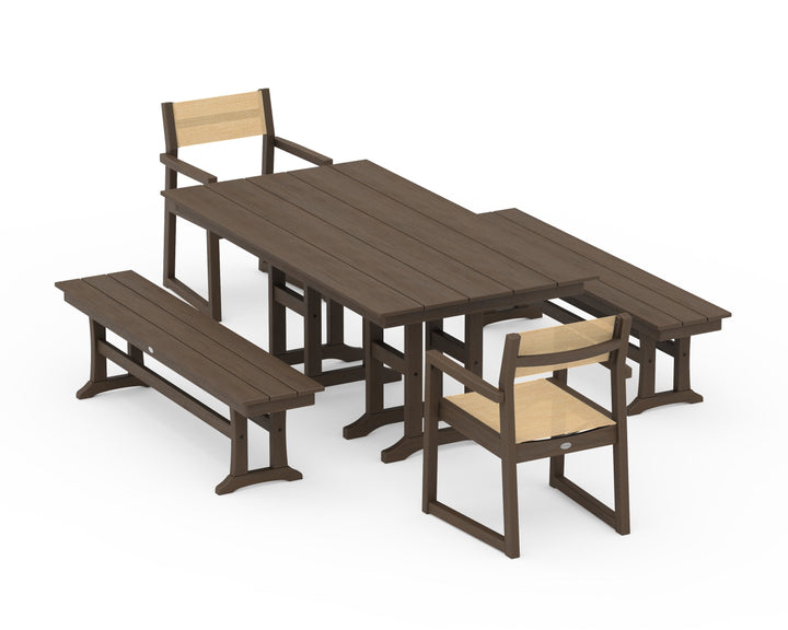 POLYWOOD® EDGE Sling Arm Chair 5-Piece Farmhouse Dining Set with Benches