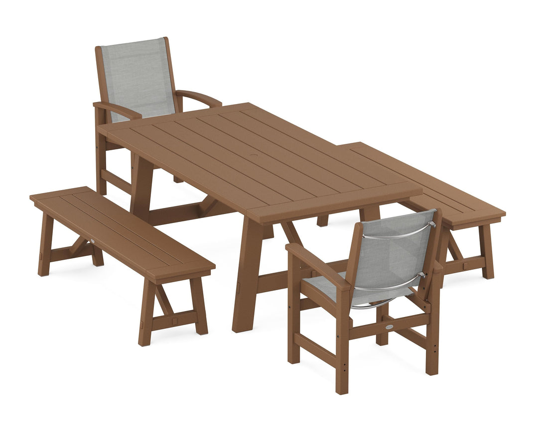 POLYWOOD® Coastal 5-Piece Rustic Farmhouse Dining Set With Benches