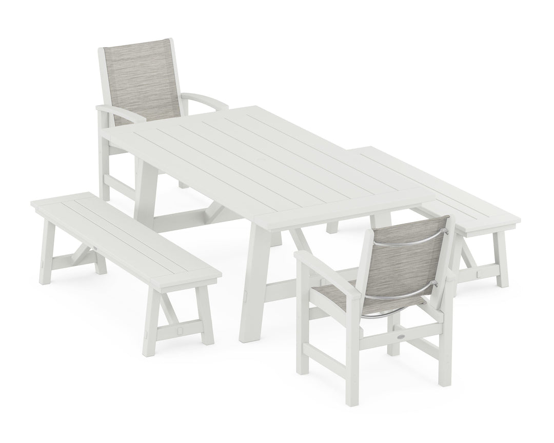 POLYWOOD® Coastal 5-Piece Rustic Farmhouse Dining Set With Benches