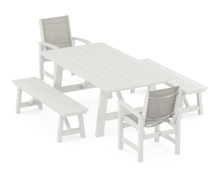 POLYWOOD® Coastal 5-Piece Rustic Farmhouse Dining Set With Benches