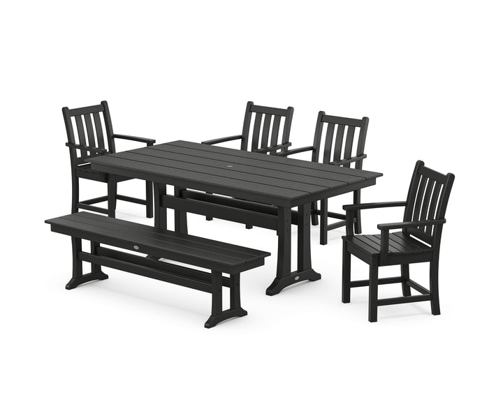 POLYWOOD® Traditional Garden Arm Chair 6-Piece Farmhouse Dining Set with Trestle Legs and Bench