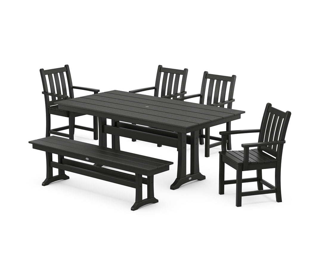 POLYWOOD® Traditional Garden Arm Chair 6-Piece Farmhouse Dining Set with Trestle Legs and Bench