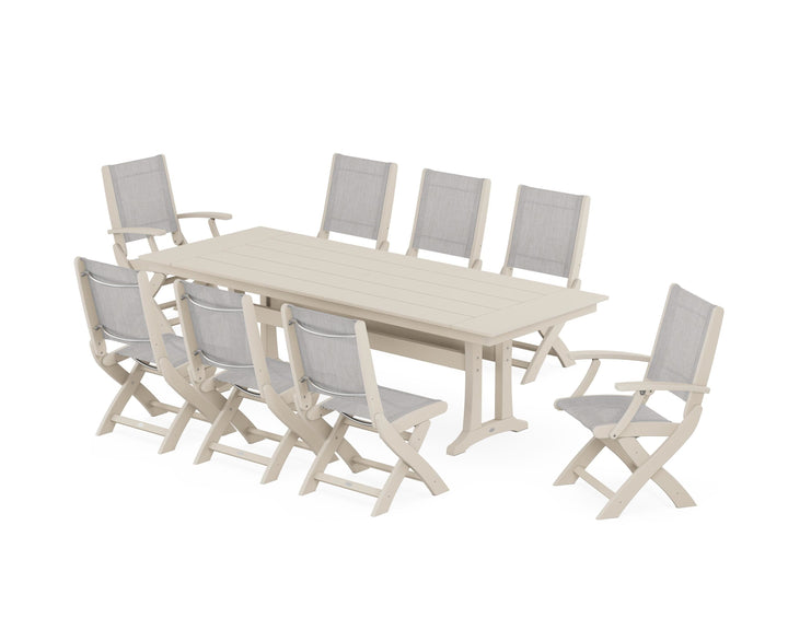 POLYWOOD® Coastal 9-Piece Folding Dining Chair Farmhouse Dining Set with Trestle Legs