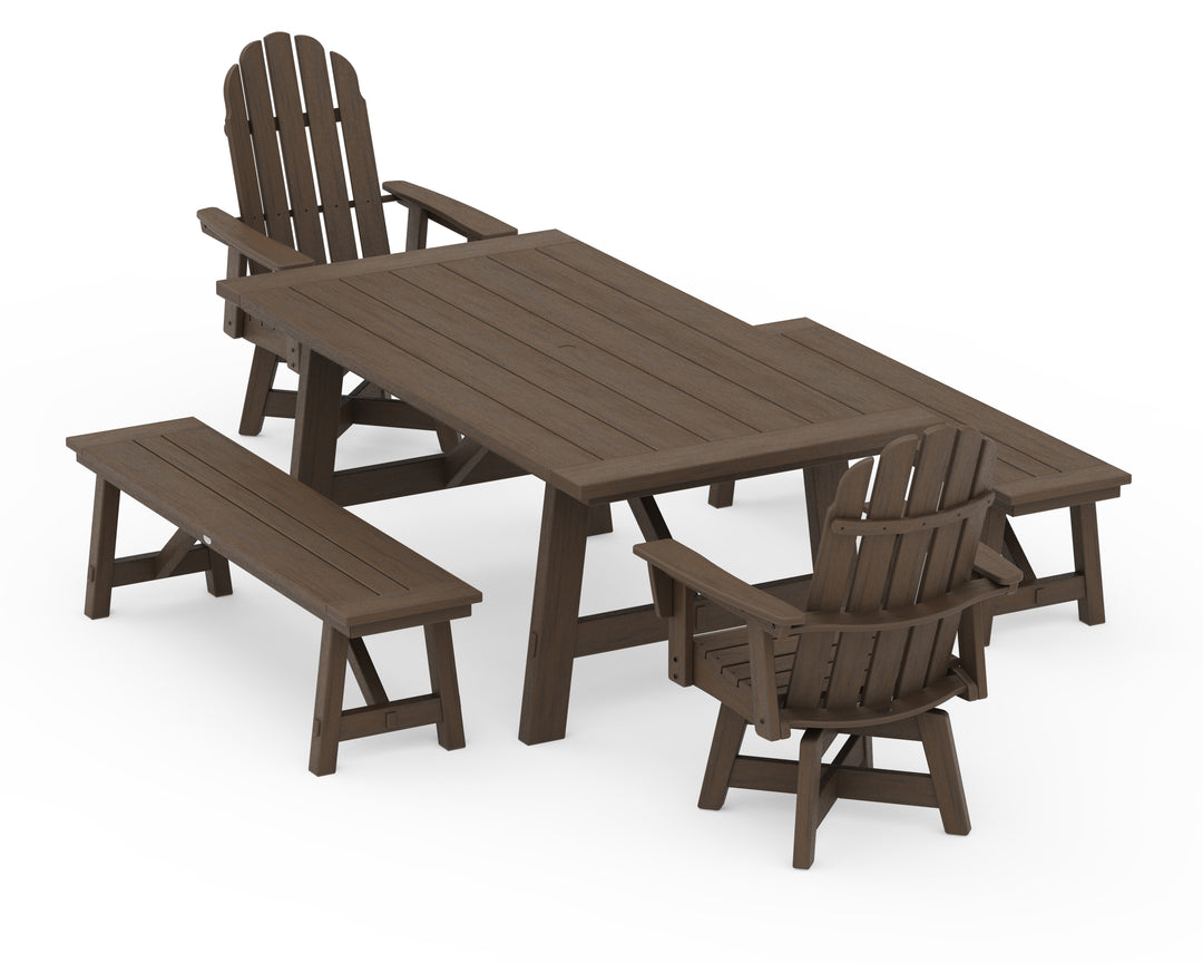 POLYWOOD® VineyardCurveback Adirondack Swivel Chair 5-Piece Rustic Farmhouse Dining Set With Benches