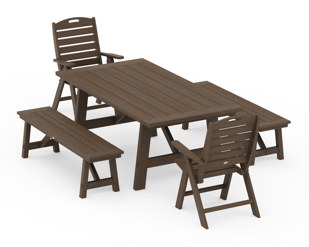 POLYWOOD® Nautical Folding Highback Chair 5-Piece Rustic Farmhouse Dining Set With Benches