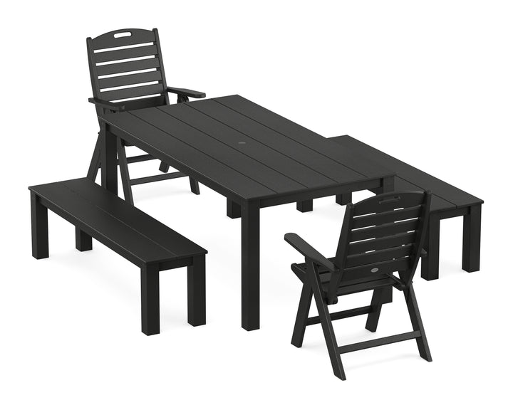 POLYWOOD® Nautical Folding Highback Chair 5-Piece Parsons Dining Set with Benches