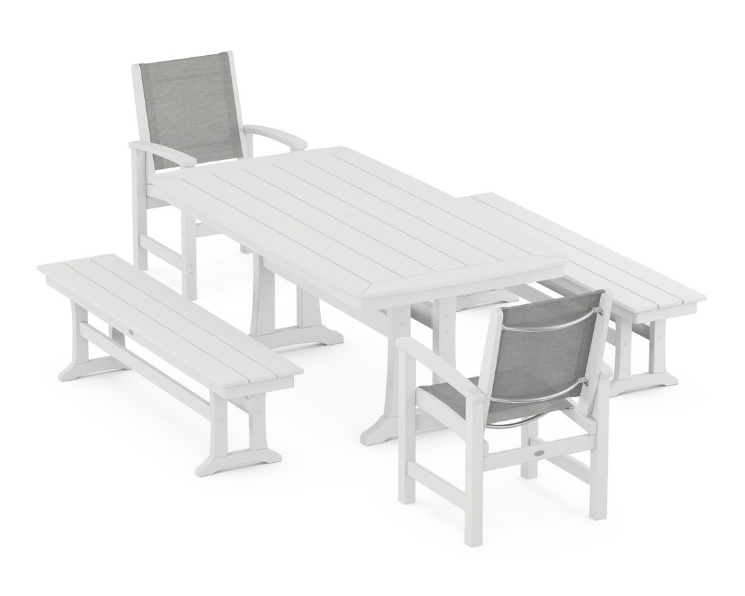 POLYWOOD® Coastal 5-Piece Dining Set with Trestle Legs and Benches
