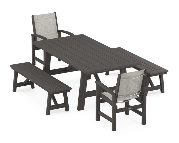 POLYWOOD® Coastal 5-Piece Rustic Farmhouse Dining Set With Benches