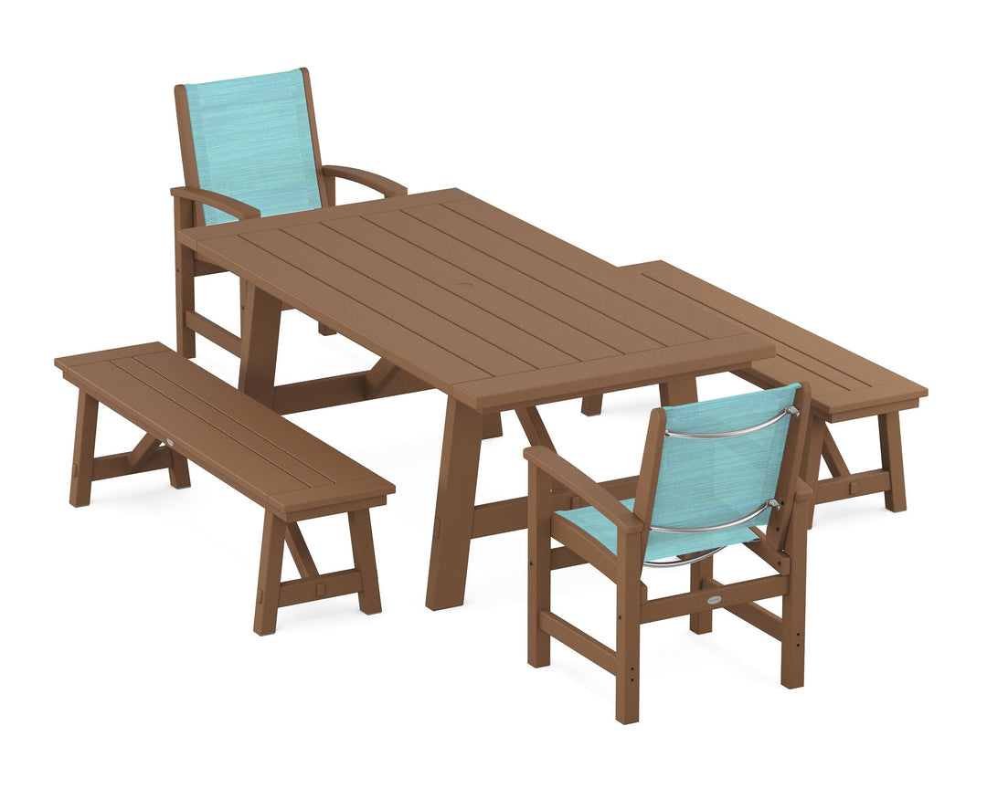 POLYWOOD® Coastal 5-Piece Rustic Farmhouse Dining Set With Benches