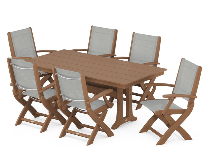 POLYWOOD® Coastal Folding Arm Chair 7-Piece Farmhouse Dining Set with Trestle Legs