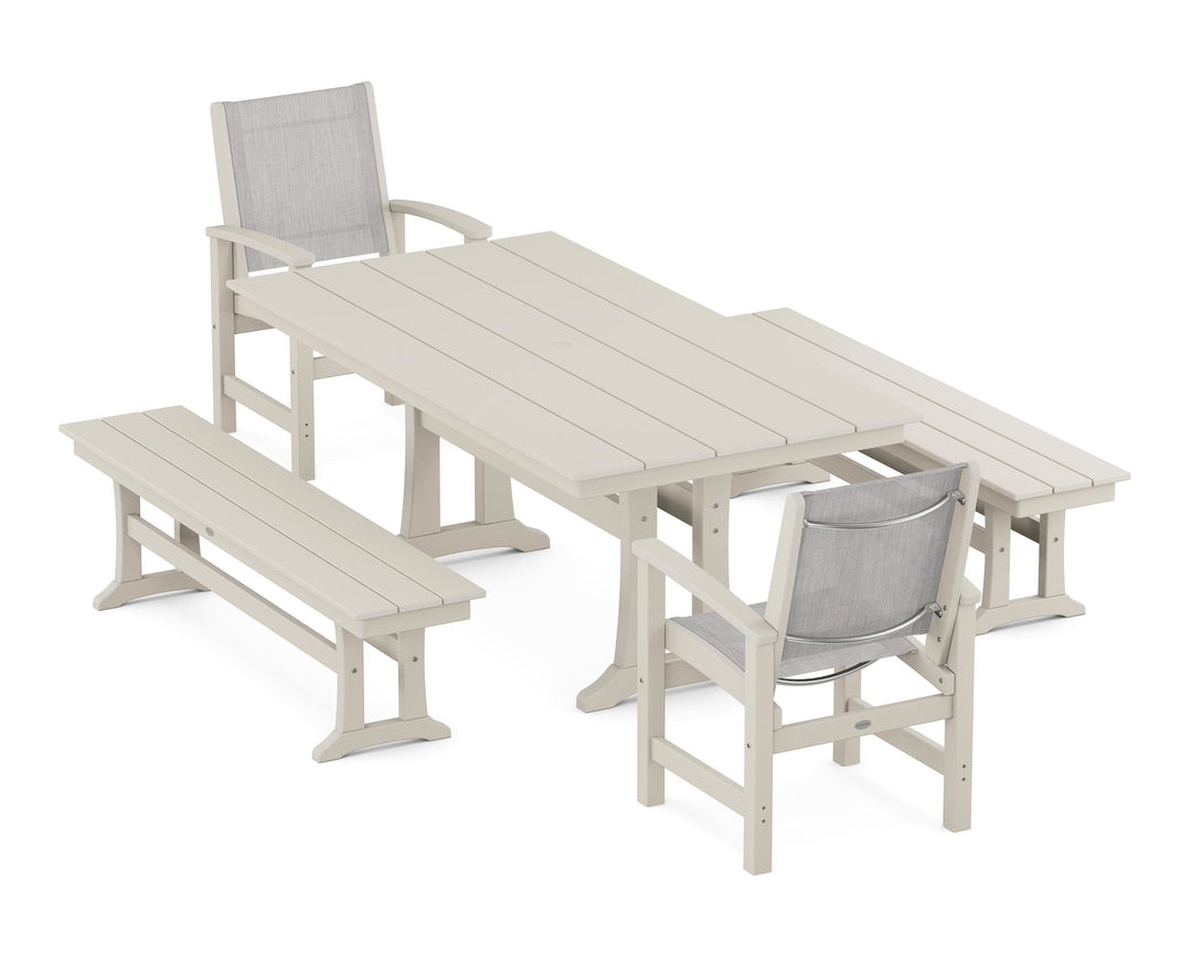 POLYWOOD® Coastal 5-Piece Farmhouse Dining Set with Trestle Legs and Benches